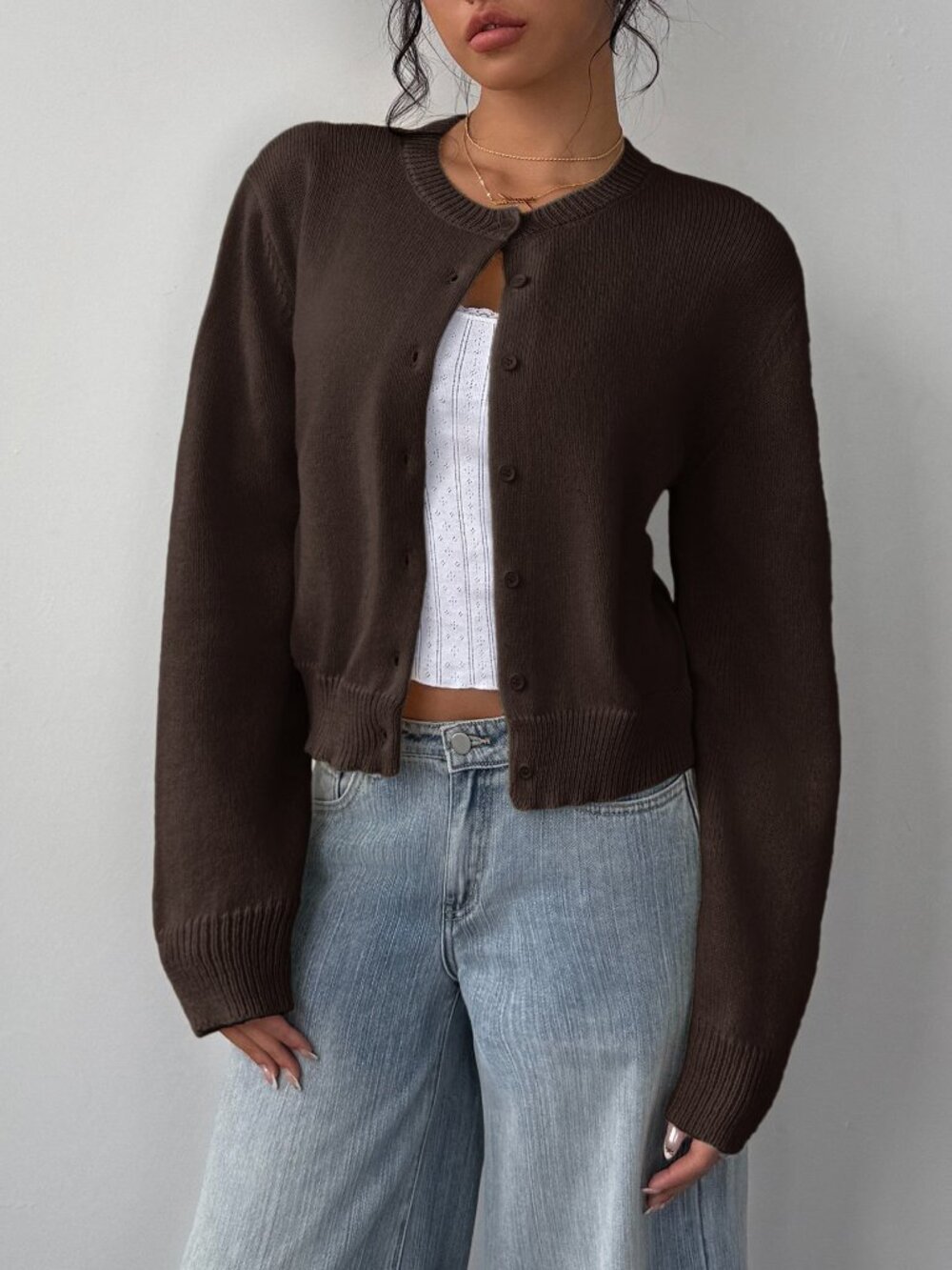 Coffee Brown Casual Women's Round Neck Long Sleeve Loose Cropped Cardigan - Picture 3 of 6